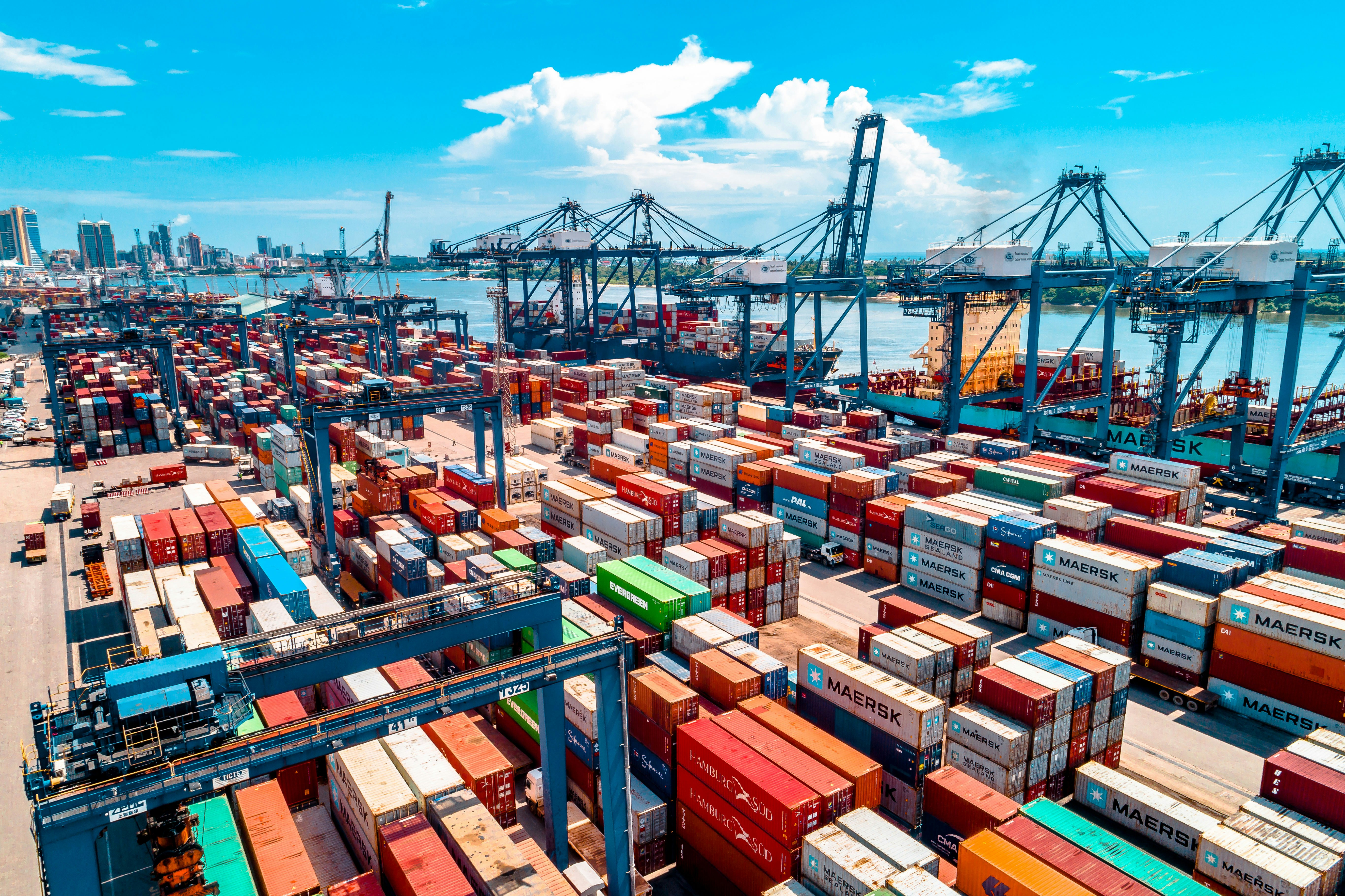 Container port cranes loading cargo